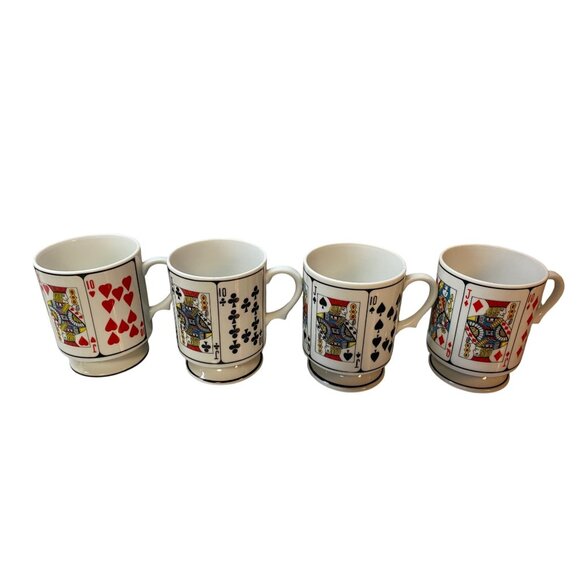 Vintage Set of 4 Bridge Poker Porcelain Playing Cards Footed Pedestal Cup/Mug - Picture 1 of 2